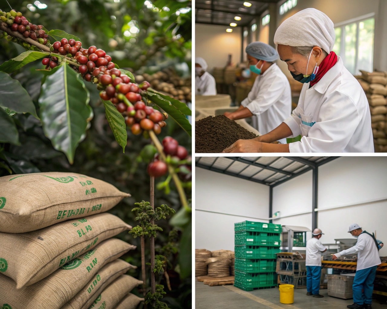 Coffee beans, drying beds, and quality inspection