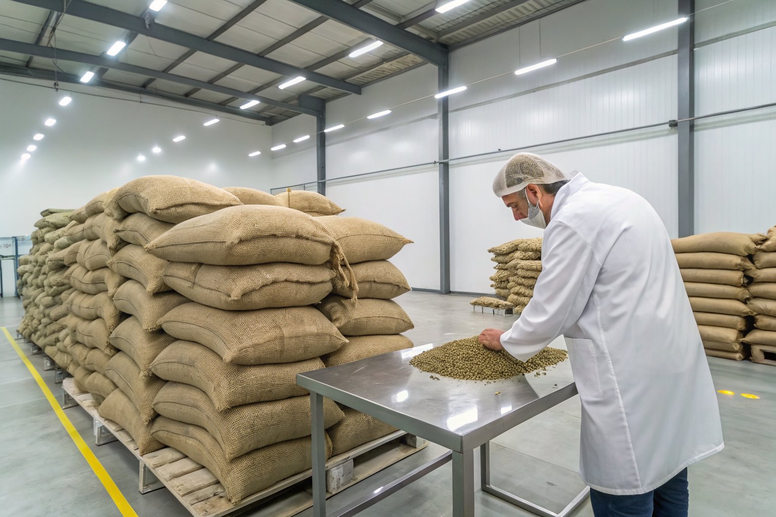Wholesale green coffee beans stacked in warehouse