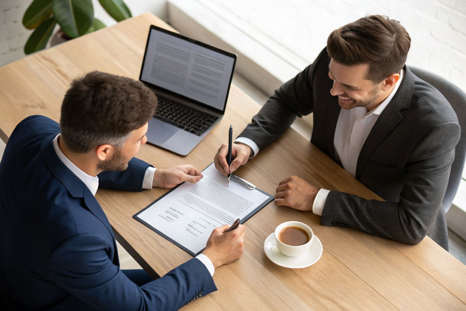 Two coffee business executives signing a contract at a desk