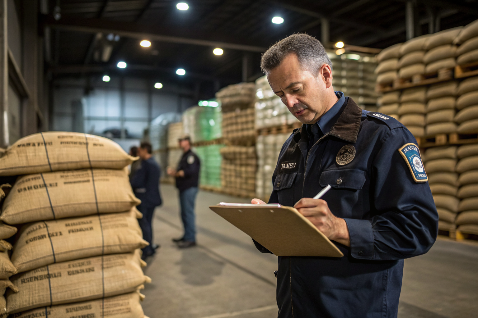 US customs officer reviewing green coffee import documents at port warehouse