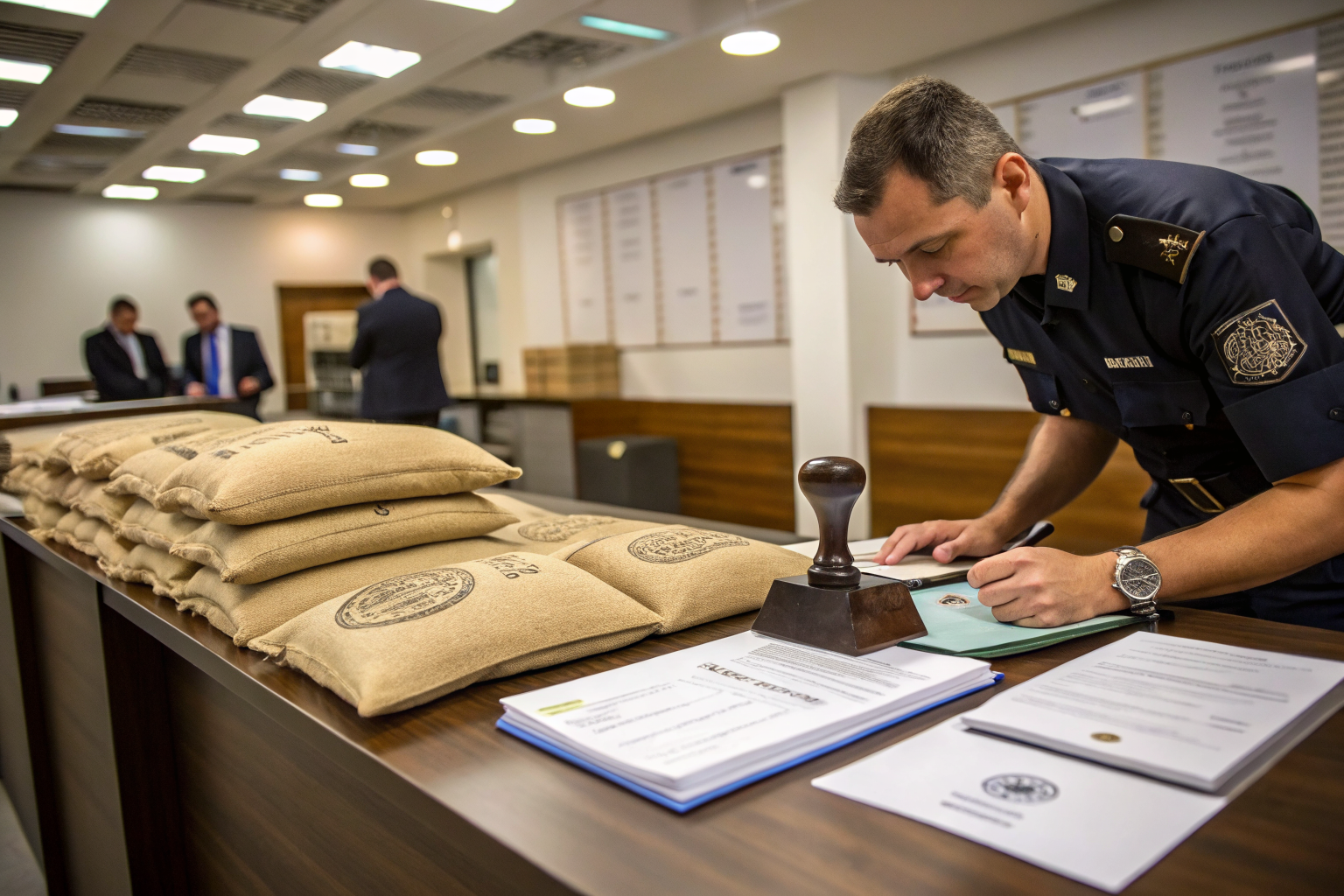 European customs clearance desk with coffee import documents and sample bags
