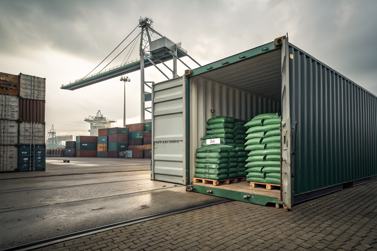 Shipping container being opened for customs inspection with coffee pallets inside