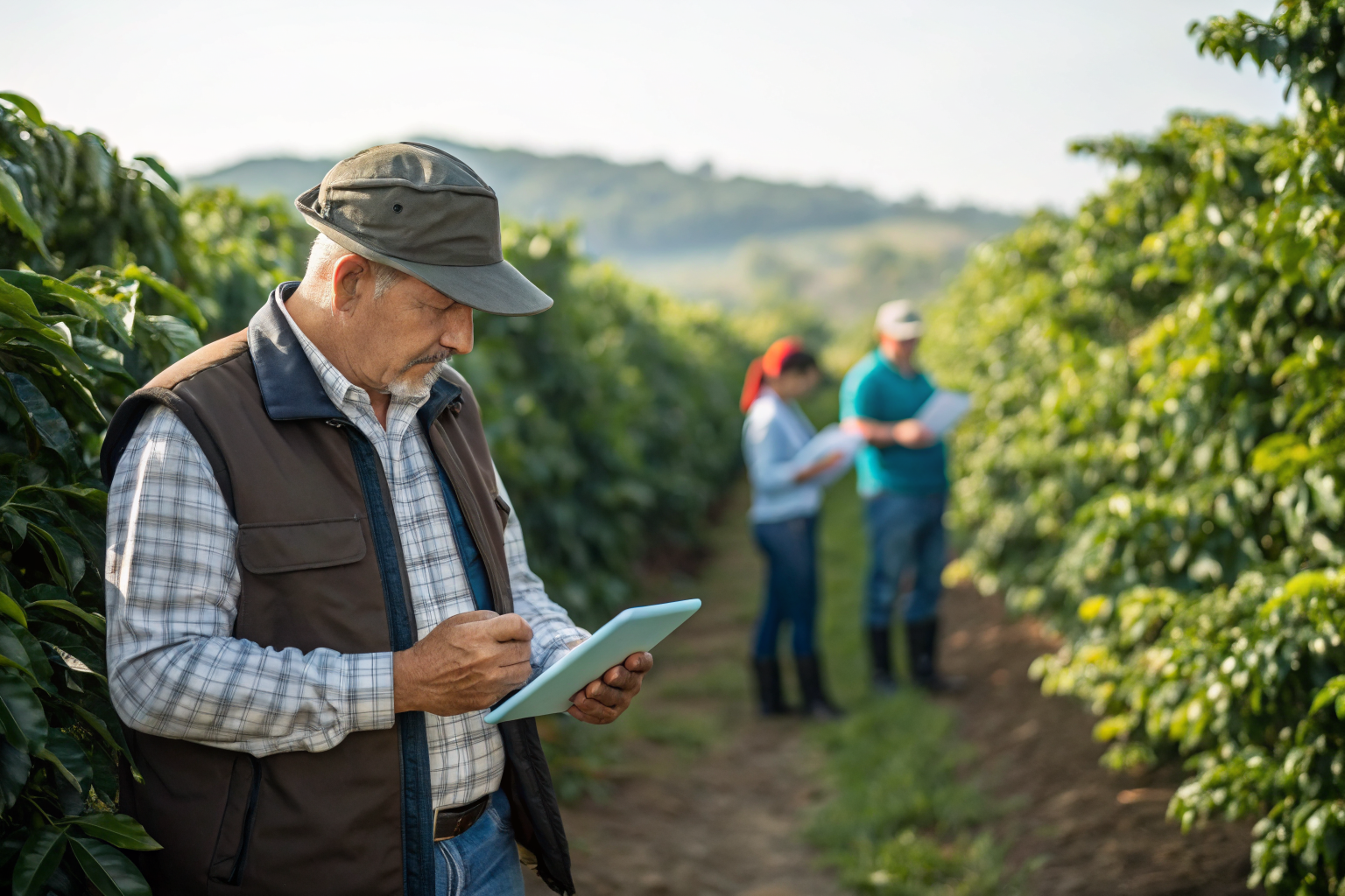 Coffee auditor examining traceability documents on tablet near coffee trees