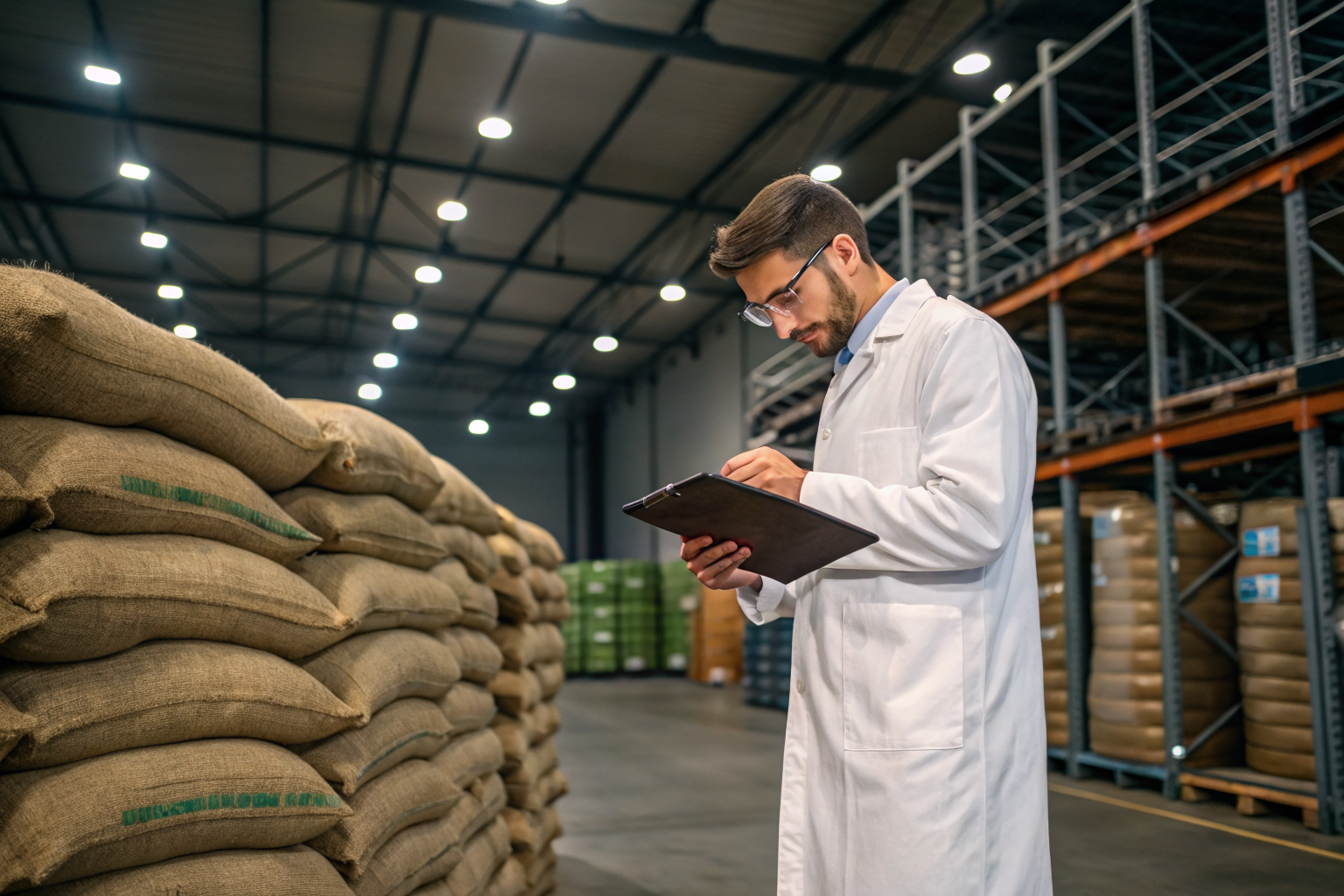 Coffee warehouse inspection with quality control and GrainPro bags