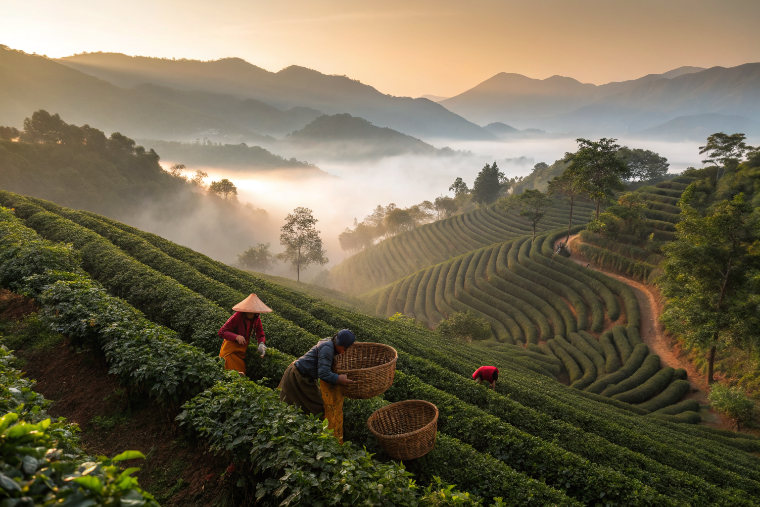 Yunnan coffee farm terraces at sunrise with workers picking cherries
